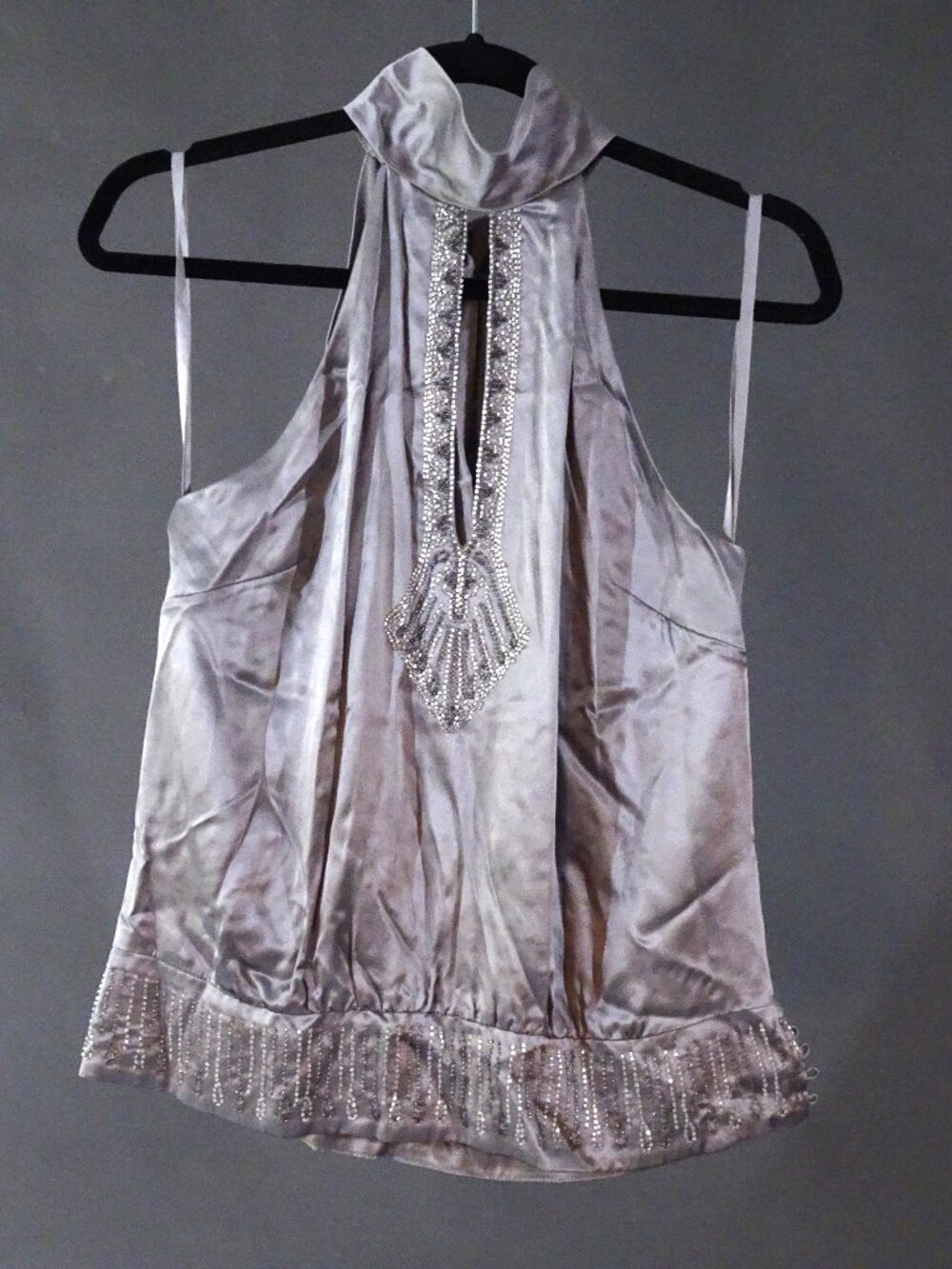 BCBGMaxAzria Gray Beaded Silk Top